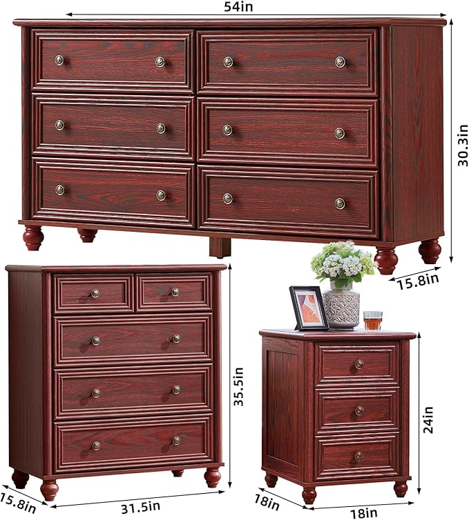 Farmhouse Dressers & Night Stand Set of 3, Wood 54" Wide Dresser & 35.5"Tall Chest of Drawers, 18" Roman Column Nightstand, Bedroom Furniture 6 Drawer Dresser Set for Bedroom Home Living Room Hallway