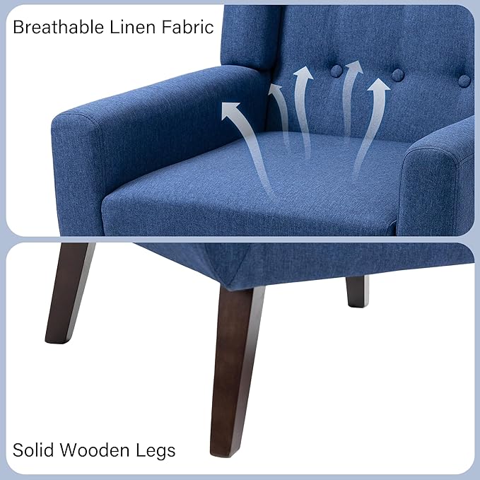 Accent Chair, Mid-Century Modern Fabric Chairs with Arms for Living Room, Comfy Upholstered Club Single Sofa Armchair for Bedroom Waiting Room with Solid Wood Frame (Fabric Navy Blue, Set of 2)
