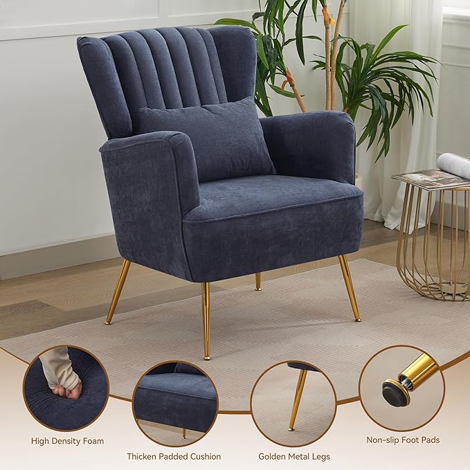 Fabric Accent Living Room Arm Chair Set of 2 Mid Century Modern Chairs with Pillow & Golden Legs, 8.5" Thick Cushion, Upholstered Comfy Sofa Armchair for Reading Room/Bedroom, Navy