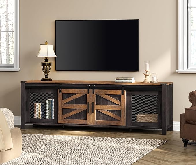 WAMPAT Farmhouse TV Stand for ups to 75 inch TV,Sliding Barn Door Entertainment Center Media TV Console Table with Storage Shelf for Living Room Bedroom，Dark Walnut and Black