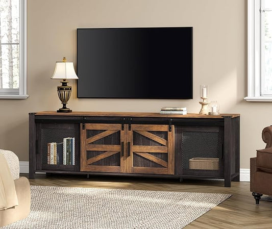 WAMPAT Farmhouse TV Stand for ups to 75 inch TV,Sliding Barn Door Entertainment Center Media TV Console Table with Storage Shelf for Living Room Bedroom，Dark Walnut and Black