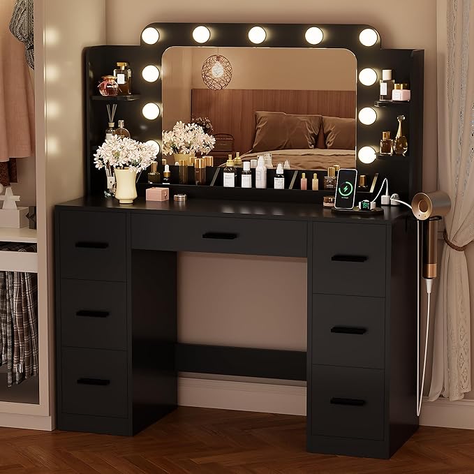 YESHOMY Vanity Desk with Large Lighted Mirror, Power Outlet and 11 Lights, Makeup Table with 7 Drawers and 3 Desktup Storage Units, 3 Color Modes Available for Bedroom, Black