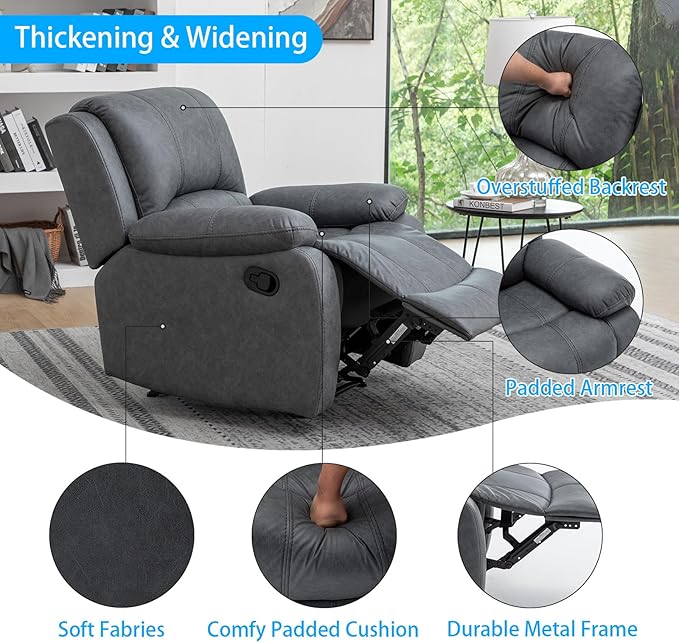 Manual Recliner Chair for Adults, Reclining Chairs, Breathable Leather Single Sofa with Adjustable Backrest, Modern Push Back Wingback Lounge Armchair for Living Room (Grey)