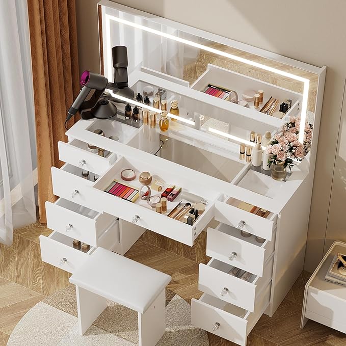 VOWNER Vanity with Lighted Mirror - 47" Glass Top Makeup Vanity Desk with 9 Drawers and Power Outlet, 3 Color Lighting Modes Adjustable Brightness, Makeup Desk with Cushioned Stool for Bedroom, White