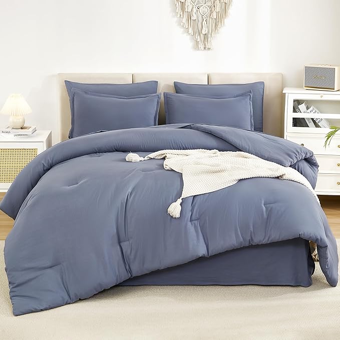 Litanika King Size Comforter Set Bluish Grey - 7 Pieces Bed in a Bag King Bedding Comforter Sets, Solid Lightweight Bed Set with Comforter, Sheets, Pillowcases & Shams