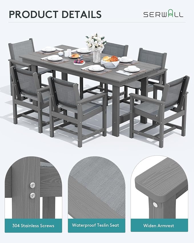SERWALL 5 Piece Outdoor Dining Table Sets for 4 with 1 Umbrella Hole Cut-Out Rectangular Table and 4 Textilene Chairs, HDPE Dining Table Sets for Garden, Backyard, Poolside, Gray