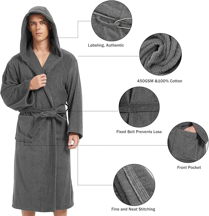 Mens Robe with Hood-Classic Terry Cloth Bathrobe for Men,Soft Knee Length Bathrobes