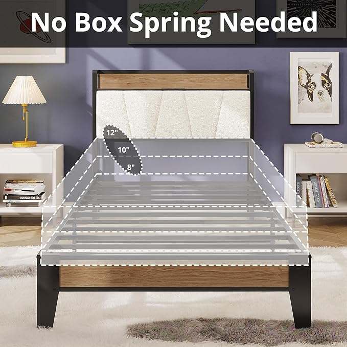 LIKIMIO Twin Bed Frames, Storage Headboard with Charging Station, Solid and Stable, Noise Free, No Box Spring Needed, Easy Assembly, Wood and Cream