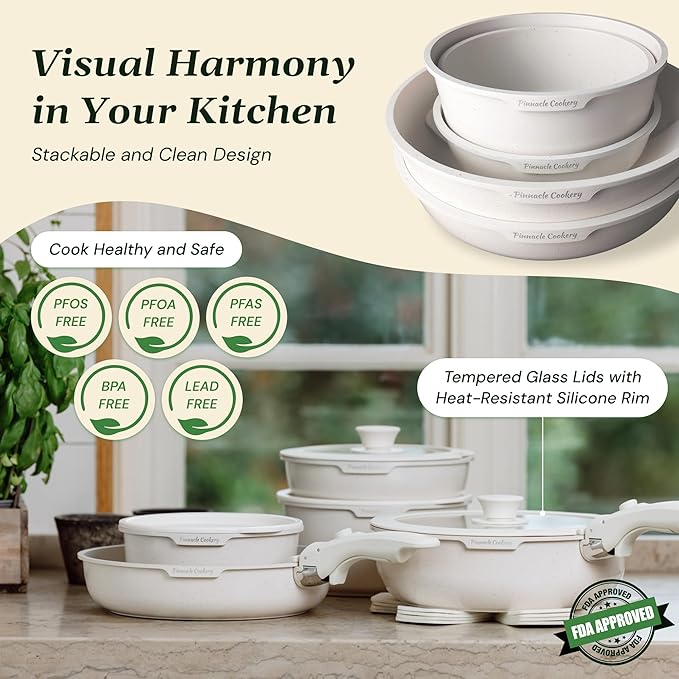 15-Piece White Granite Nonstick Cookware Set – Detachable Handles & Tempered Glass Lids – Stackable & Cool-Touch - Induction & Oven Safe to 480°F - Scratch-Resistant, PFOA & PFOS-Free