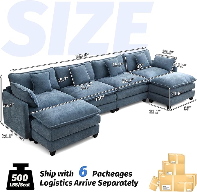 147'' Sectional Cloud Deep Seat Couch, Oversized Chenille U Shaped Sectional Sofa for Living Room Set, Comfy Upholstered Modular Sectional Sofa Couch with 2 Movable Ottoman, Blue