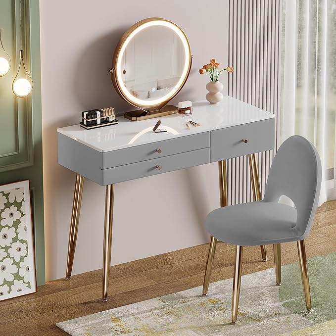 Modern Vanity Desk with Mirror and Lights, 39" Gray Makeup Vanity Set with Adjustable Chair & Drawers, White and Gold Dressing Table for Small Spaces & Bedroom