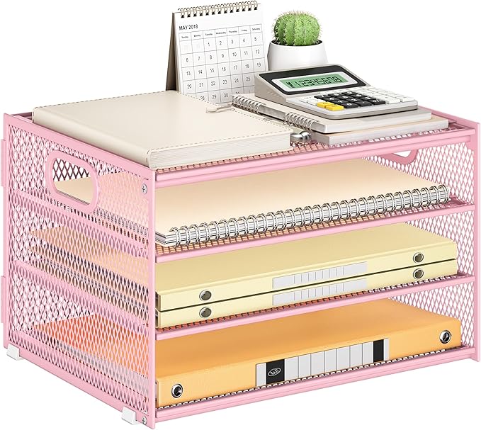 Subekyu Paper Letter Tray Organizer for Desk, Pink Metal Mesh Desk File Sorter Organizer with Handle and 2 Sliding Trays for Home Office School Supplies Organization