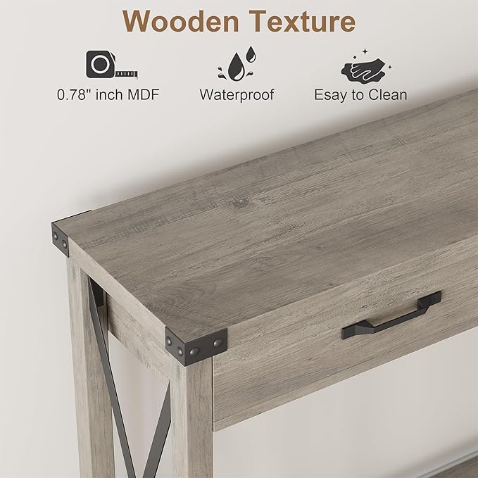 31-inch Storage Cabinet Suitable for hallways, corridors, and Living Rooms Two-Tier Narrow Sofa Table Industrial-Style Hallway Table with Drawers and Open Storage Shelves - Gray