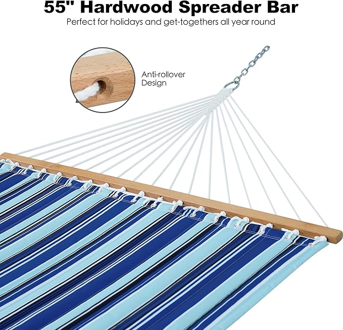 2 Person 12FT Hammocks for Outside, Double Quilted Fabric Outdoor Hammock with Spreader Bar, Large Removable Pillow, Storage Pockets, Carabiners, Max 475 lbs Capacity (Catalina Beach)