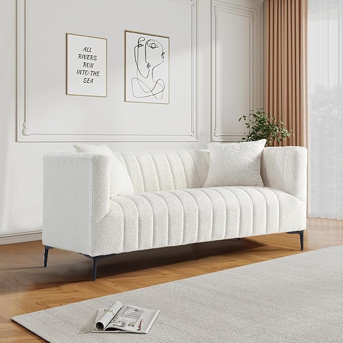 Get Set Style Modern Accent Sofa,Tufted Boucle Upholstered Sherpa Deep Seat Cloud Sofas,Comfy 3 Seater Couch with 2 Pillows for Living Room Apartment Office Lounge Studio (White)