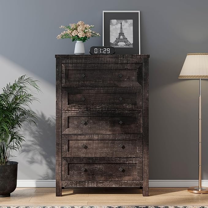 Farmhouse 5 Drawers Dresser, Wood Rustic Chest of Drawers for Bedroom, Tall Dressers Organizer with Metal Handles, 5 Drawers Chest for Living Room, Hallway, Entryway, Dark Rustic Oak