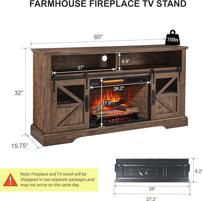 Fireplace TV Stand with Auto-Power-Off Door Sensor, Farmhouse 70" TV Console, Media Entertainment Center with Sliding Barn Door, Adjustable Shelves, Fireplace Heater, Reclaimed Barnwood
