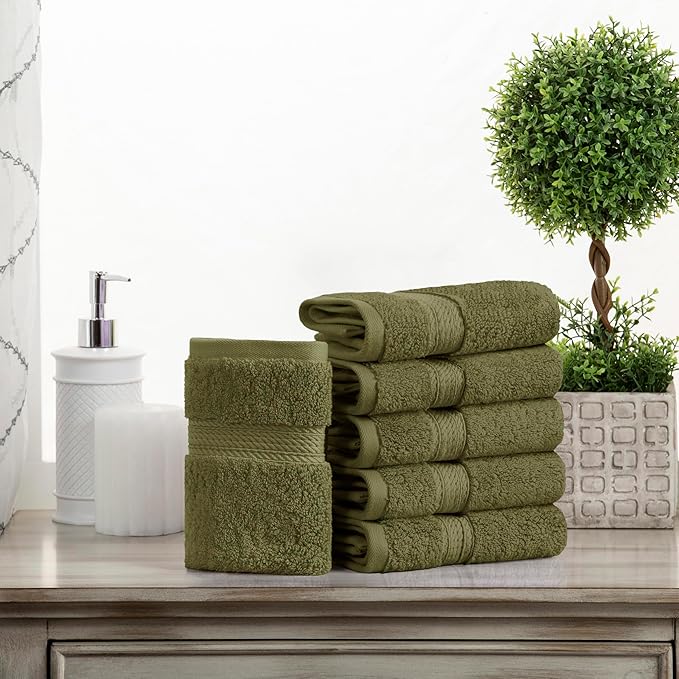 Superior Egyptian Cotton Pile Face Towel/Washcloth Set of 6, Ultra Soft Luxury Towels, Thick Plush Essentials, Absorbent Heavyweight, Guest Bath, Hotel, Spa, Home Bathroom, Shower Basics, Forest Green