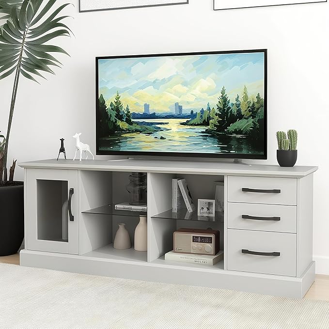 Giantex Farmhouse TV Stand for 73 Inch TV, Wood TV Console Table w/Removable Glass Shelves, Cable Management Holes & Drawers, Rustic Entertainment Center with Storage for Living Room, Bedroom, Grey