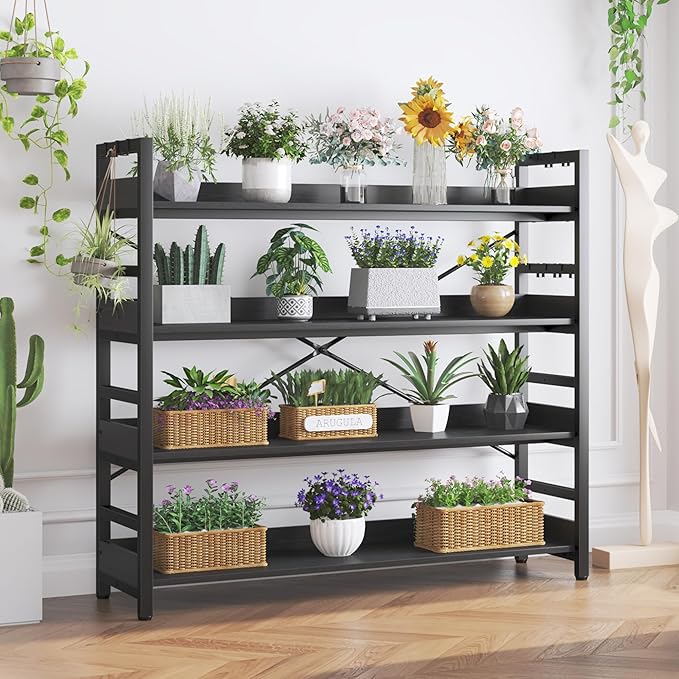 HCHQHS Bookshelf, Adjustable Industrial Bookcase, Vertical Tall Book Shelf, Wood and Black Metal Open Bookshelves for Home Office, Living Room, Bedroom (Black, 4-Tier (47" W x 44" H))