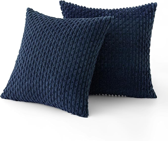 MIULEE Throw Pillow Covers Soft Corduroy Decorative Set of 2 Boho Striped Pillow Covers Pillowcases Farmhouse Home Decor for Couch Bed Sofa Living Room 16x16 Inch Navy Blue