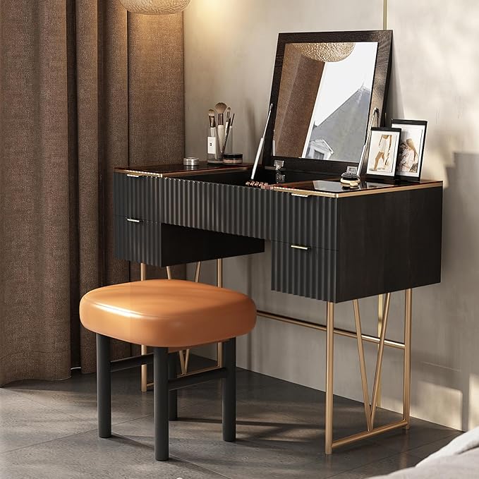 Lartis Flip Top Vanity Table Stylish Makeup Vanity with Stool, Makeup Vanity Desk, Reversible Makeup Mirror, Hidden Storage Compartment,Very Easy to Assemble