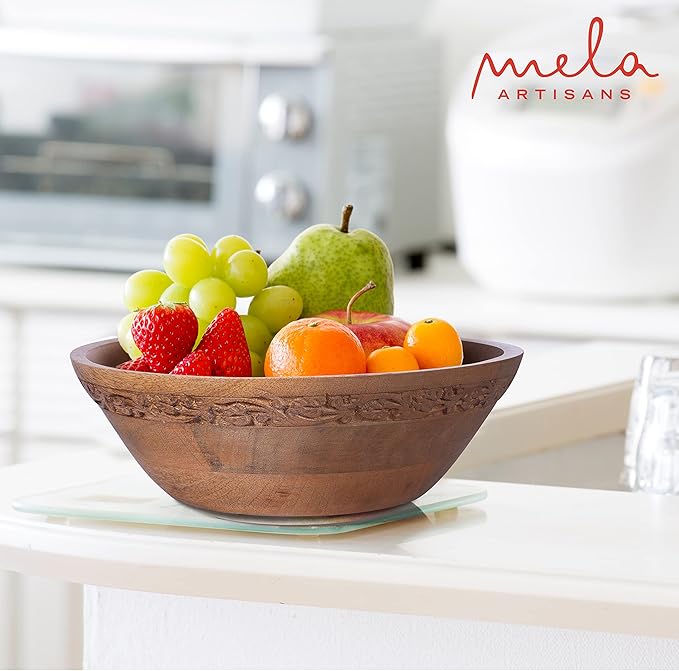 Mela Artisans Wooden Fruit Bowl | Medium Burnt Finish | Large 12” Mango Wood Serving Bowl | Multipurpose for Kitchen Countertop | Salad| Fruit| Snacks| Breads & More | Natural Grain Texture