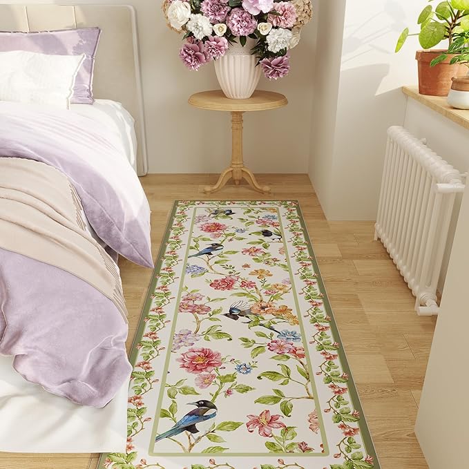 Runner Rug for Kitchen 2'x6' Washable Rugs with Rubber Backing Non Slip Soft Floral Bird Magpies Animal Carpet Runner for Kitchen, Laundry, Bedroom, Bathroom (White)