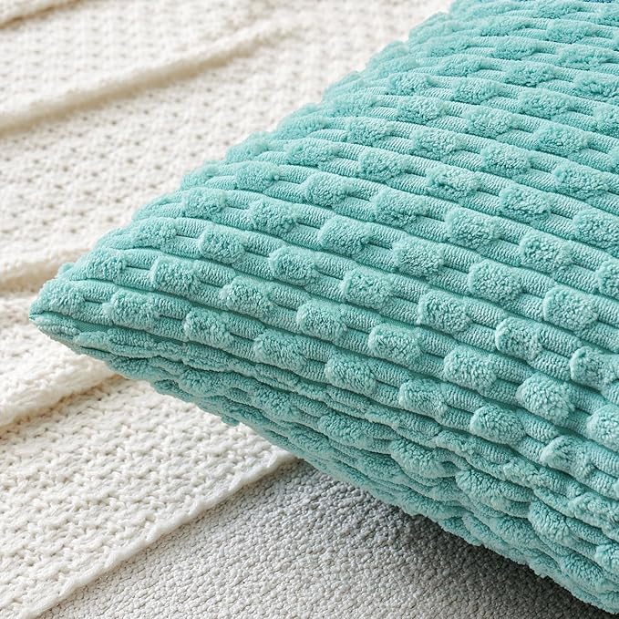 MIULEE Throw Pillow Covers Soft Corduroy Decorative Set of 2 Boho Striped Pillow Covers Pillowcases Farmhouse Home Decor for Couch Bed Sofa Living Room 18x18 Inch Aqua Green