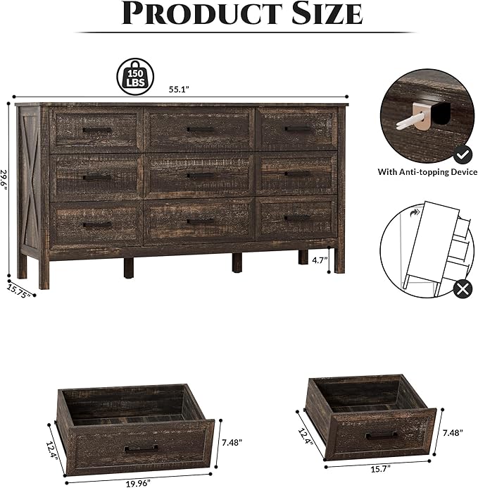 LYNSOM Farmhouse 9 Drawers Dresser for Bedroom, 55" Wide Wood Rustic Chest of Drawers with Natural Texture, Metal Handle, Storage Dressers Organizer for Entryway, Hallway, Dark Rustic Oak