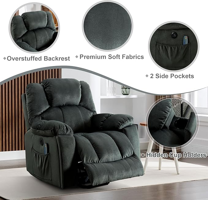 Power Lift Recliner Chair with Massage and Heating, Lift Chairs Recliner for Elderly, Upholstered Comfy Power Lift Chair with 2 Hidden Cup Holders, Side Pockets, USB Port, Grey Green
