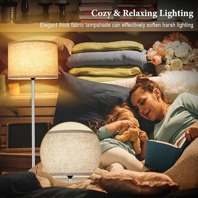 65‘’Modern Simple Floor Lamp Foot Switch, Silver Standing Lamp for Living Room with 3-Color Changing LED Bulb, Dimmable LED Floor Light for Bedroom Kid Office, Stand Up Lamp with Linen Shade, E26 Base