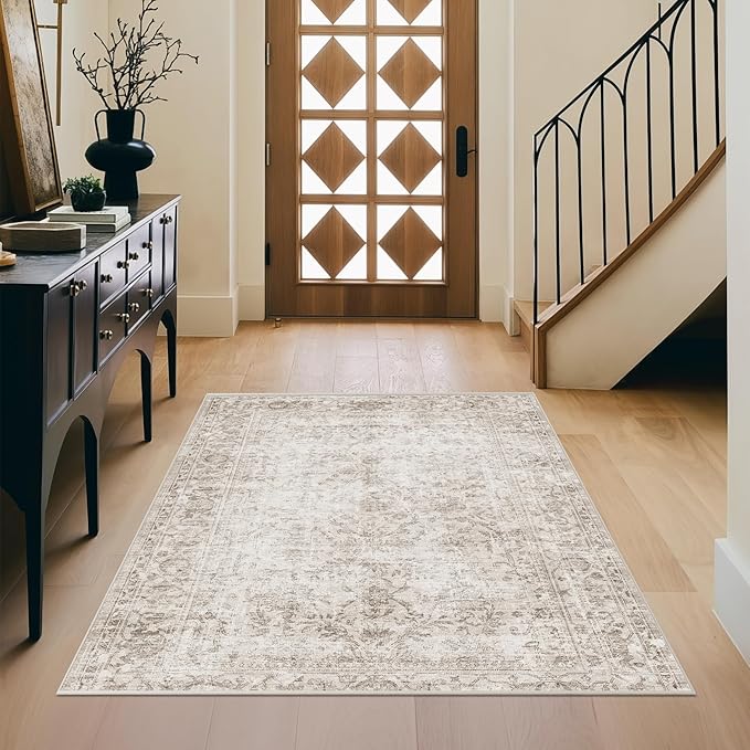 FMFUNCTEX 4x6 Washable Area Rug Neutral Vintage Beige Non Slip Low Pile Traditional Indoor Carpet for Living Room Bedroom Soft Retro Floral Mat Throw Rug for Dining Office Kitchen Dorm Entryway