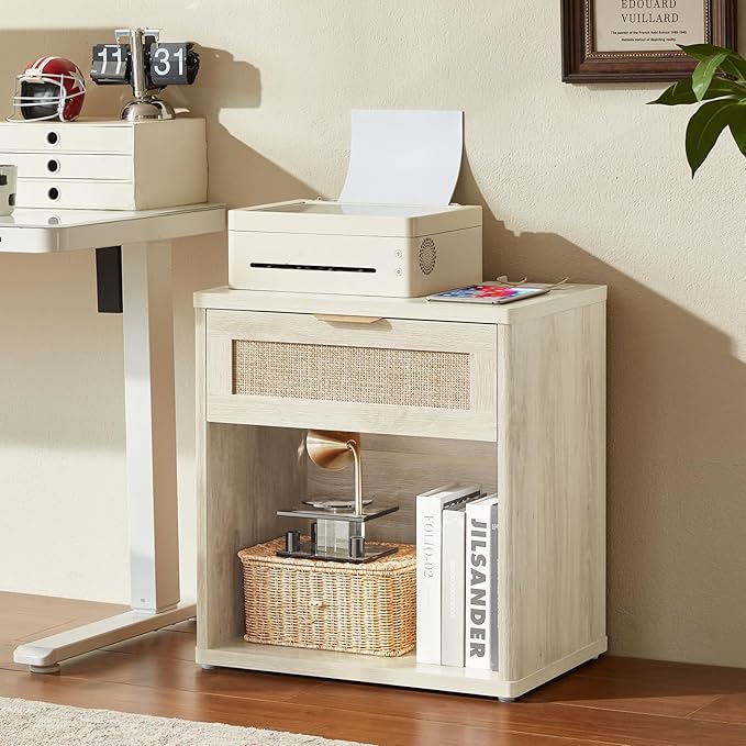 LEYAOYAO Rattan Nightstands Set of 2 with Charging Station, 23" Wide Boho Night Stand with Drawer, Grey White Bedside Table Open Cabinet, Bed Side End Table Dresser for Bedroom, Living Room, Hallway