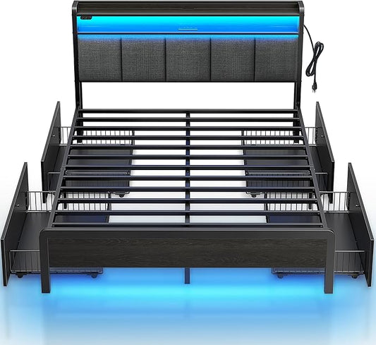 Rolanstar Bed Frame Queen Size with Charging Station and LED Lights, Upholstered Storage Headboard with Drawers, Heavy Duty Metal Slats, No Box Spring Needed, Noise Free, Easy Assembly, Dark Grey