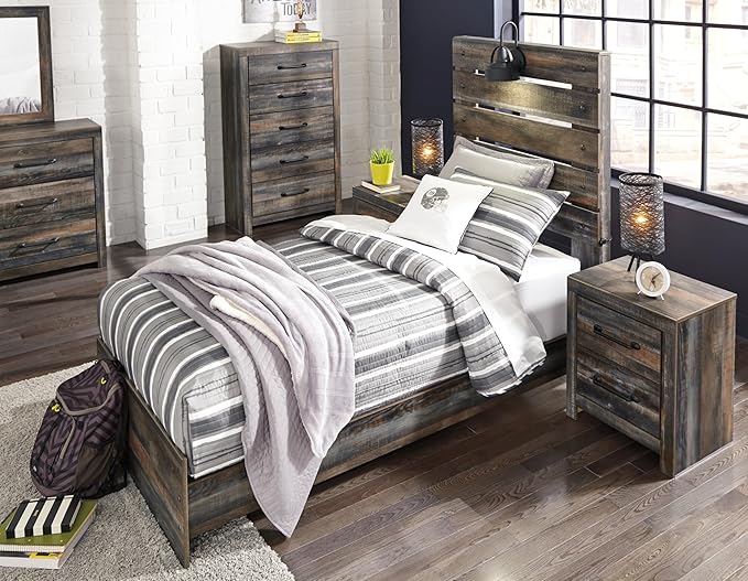 Signature Design by Ashley Drystan Rustic Twin Panel Bed with Sconce LED Lights, USB Ports and Nailheads, Foundation or Box Spring Needed, Dark Brown & Gray