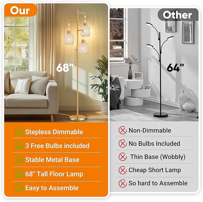 ROTTOGOON Dimmable Boho Floor Lamp - 3 Light Farmhouse Rattan Floor Lamp for Living Room, Industrial Tree Floor Lamps with 3 X 6W LED Bulbs, Rustic Standing Tall Lamp for Bedroom, 68", White