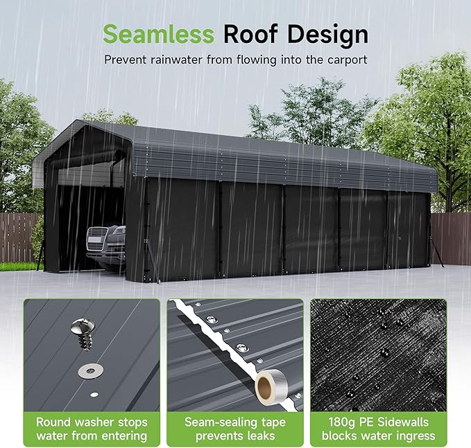 Real Relax 13' x 26' Heavy Duty Metal Carport, Outdoor Garage Car Shelter Shade with Removable Sidewalls, Extra Long Heavier Metal Frame for SUV Trucks and Boats, Gray