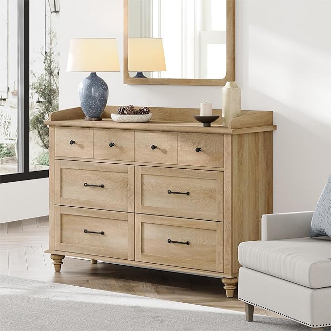 WAMPAT Farmhouse 6 Drawers Dresser for Bedroom, Wooden Chest of Drawers Kids Dresser with Solid Wood Legs, Rustic Storage Dressers Organizer for Living Room & Kids Room, Oak, 47 Inch