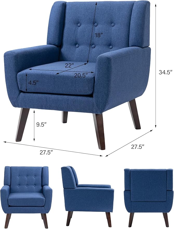 Accent Chair, Mid-Century Modern Fabric Chairs with Arms for Living Room, Comfy Upholstered Club Single Sofa Armchair for Bedroom Waiting Room with Solid Wood Frame (Fabric Navy Blue, Set of 1)