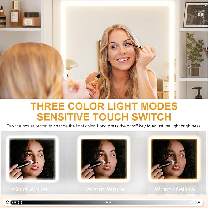 PAKASEPT 47.3'' Makeup Vanity with 11 Drawers, Tempered Glass Top Vanity Table with Mirror and LED Lights, 7 Storage Shelves, Built-in Charging Station, Dressing Table for Bedroom (No Stool)