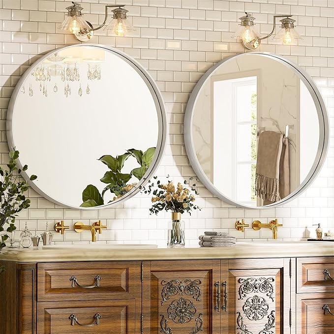 Suidia 30" x 30" Bathroom Mirror, Bathroom Vanity Mirror Metal Framed, Wall-Mounted Mirrors for Bedroom, Living Room, Entryway, Hallway, Silver, Round Style