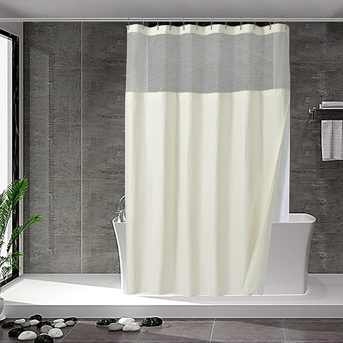 N&Y HOME Waffle Weave Shower Curtain with Snap-in Fabric Liner & Hooks Set - Hotel Style Cream Shower Curtain for Bathroom, Water-Repellent & Washable, Mesh Top Window - 71x72, Cream
