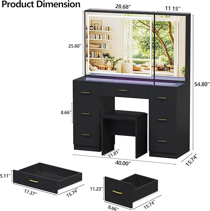 Glass Top Vanity Desk with Mirror and Lights, Black Makeup Vanity with RGB Drawer, Dressing Table with Adjustable Brightness, Vanity Set for Dressing Room (Black-Glass Top, with Stool)