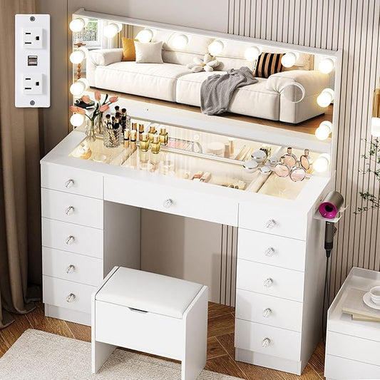 VOWNER Vanity with Lighted Mirror - Glass Top Makeup Vanity Desk with Lights and 11 Drawers, 3 Color Lighting Modes Adjustable Brightness, 46" Makeup Desk with Soft Cushioned Stool for Bedroom, White