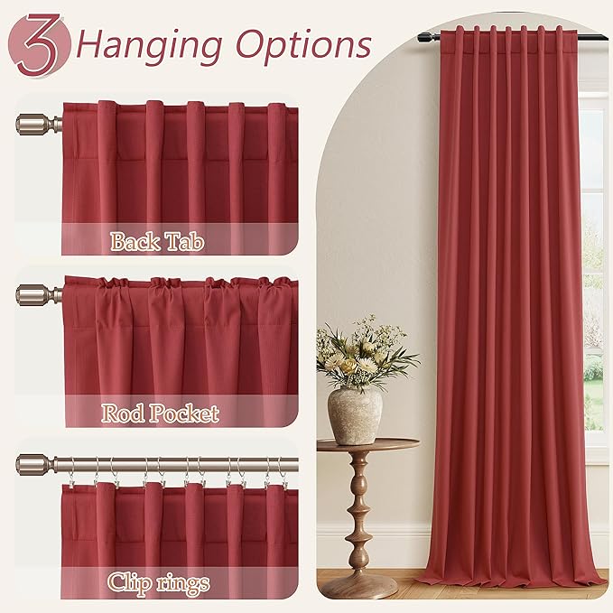 Guken Red Blackout Curtains 90 Inch Length 2 Panels Set for Living Room Bedroom Back Tab Thermal Insulated 100% Black Out Linen Drapes Room Darkening Window Curtains 90 Inches Long
