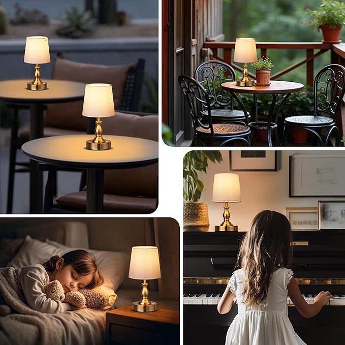 PARTPHONER Mini Cordless LED Table Lamp, 5200mAh Rechargeable Battery Operated Lamp, 3-Level Brightness, Touch Dimmable Desk Lamp, Bedside Night Light for Patio Camping Restaurant Home, Antique Brass