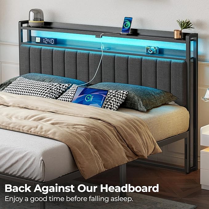Rolanstar Headboard for King Size Bed with Storage, 60,000 DIY Color of LED Light, Head Board with USB & Type C Port, Height Adjustable, Black Upholstered Cabeceras de Cama Comfortable Modern, Linen