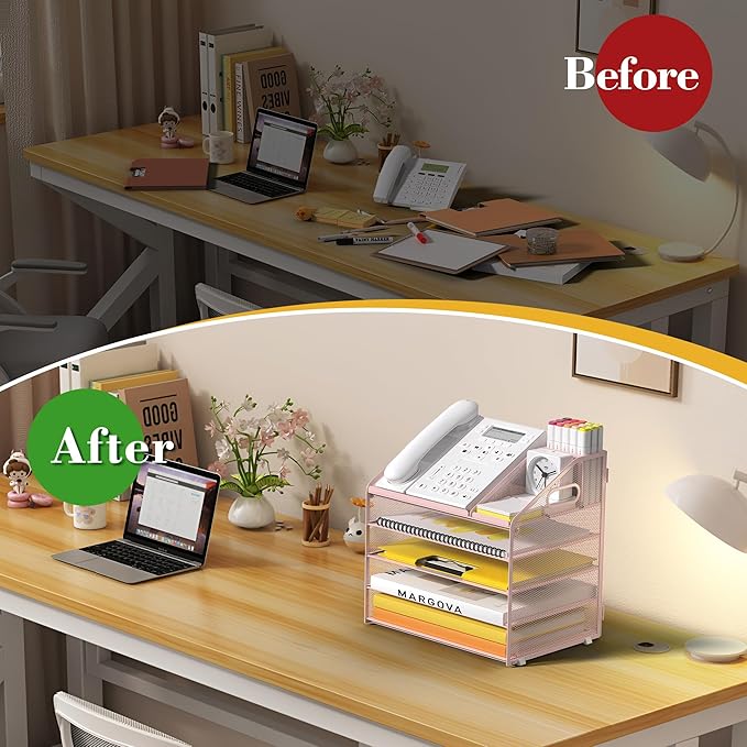 Letter Tray Paper, 5 Tier Desk Organizer with Pen Holder and Handle, Mesh File Organizer Paper Sorter Metal Desktop Document Shelf for Office Home Classroom - Pink