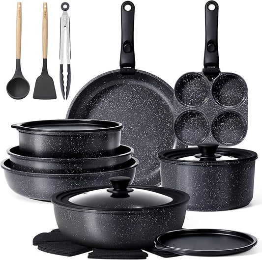GiPP Ceramic Pots and Pans Set Non Stick, Nonstick Detachable Handle Cookware Sets, Healthy Non Toxic PFAS PFOA & PTFE Free, Dishwasher ＆Oven Safe, Induction Kitchen Pot and Pan, 21 Piece Grey